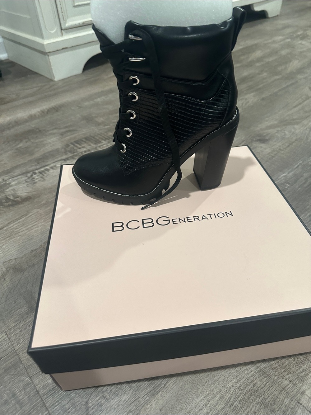 BCBGeneration Black Lace-Up Chunky Heel Bootie